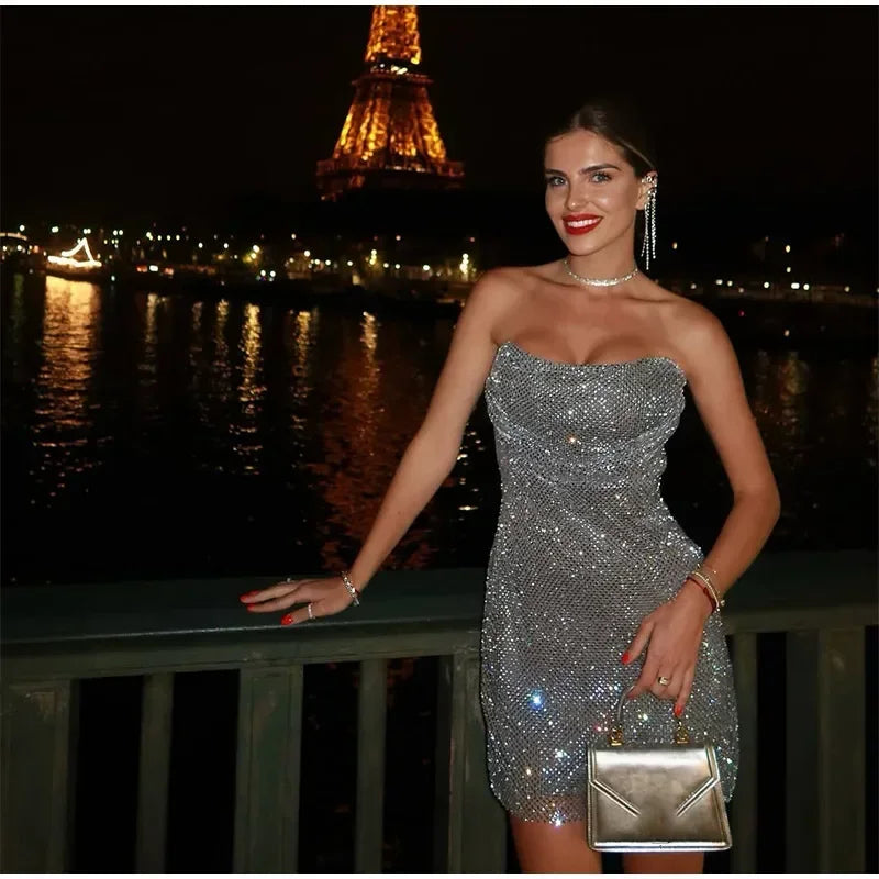 Lock Haven Strapless Shiny Rhinestone Sleeveless Backless High Waist Slim Mini Dress