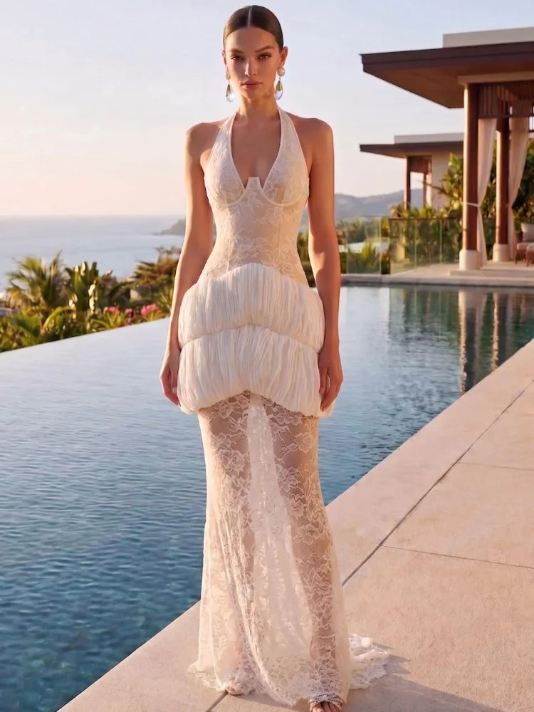 Cotui Sexy Halter Neck Lace Patchwrok Tiered Ruffles Long Backless Slim Dress
