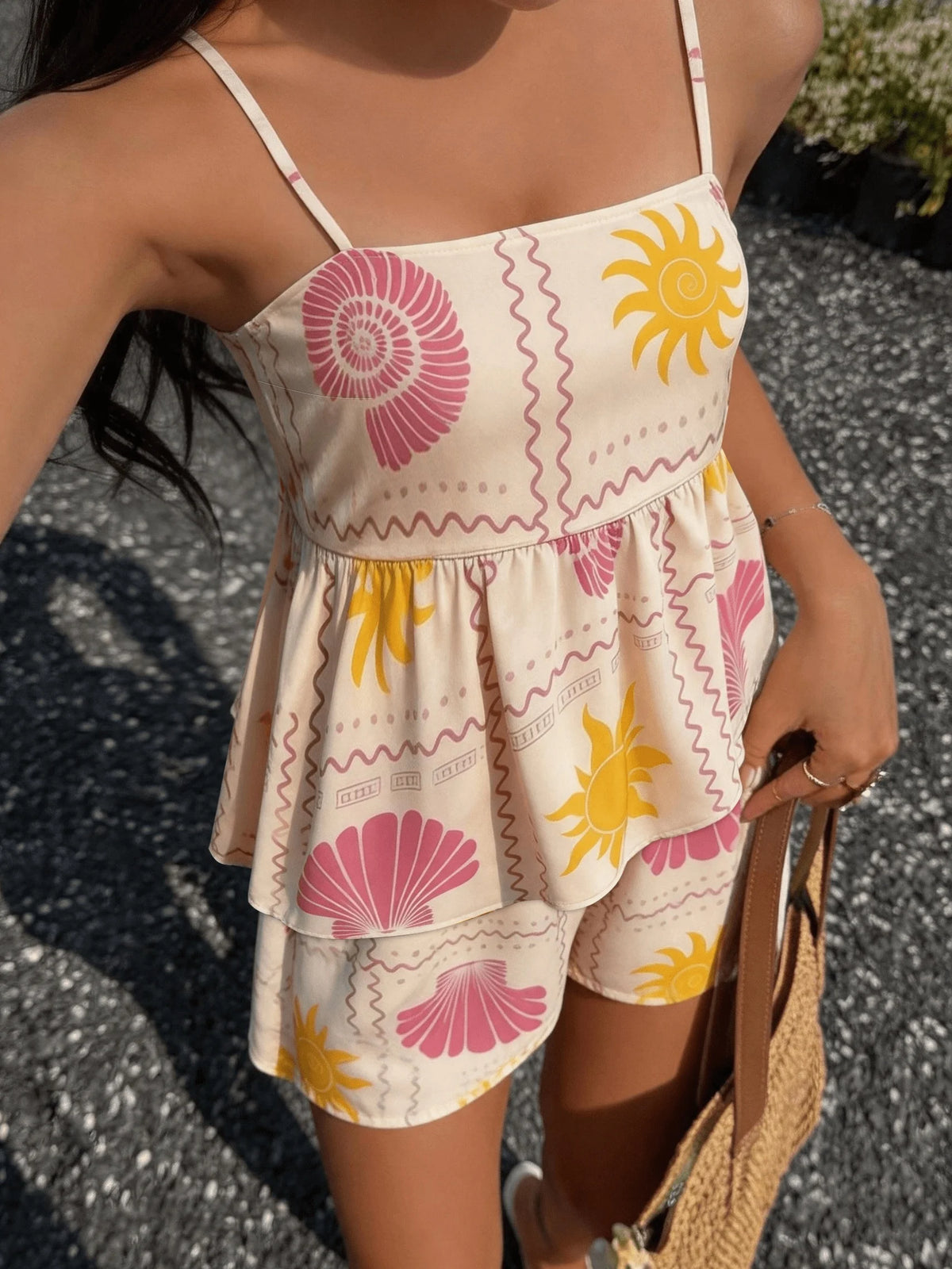 Greicy Elegant Folded Floral Print Two Piece Sets