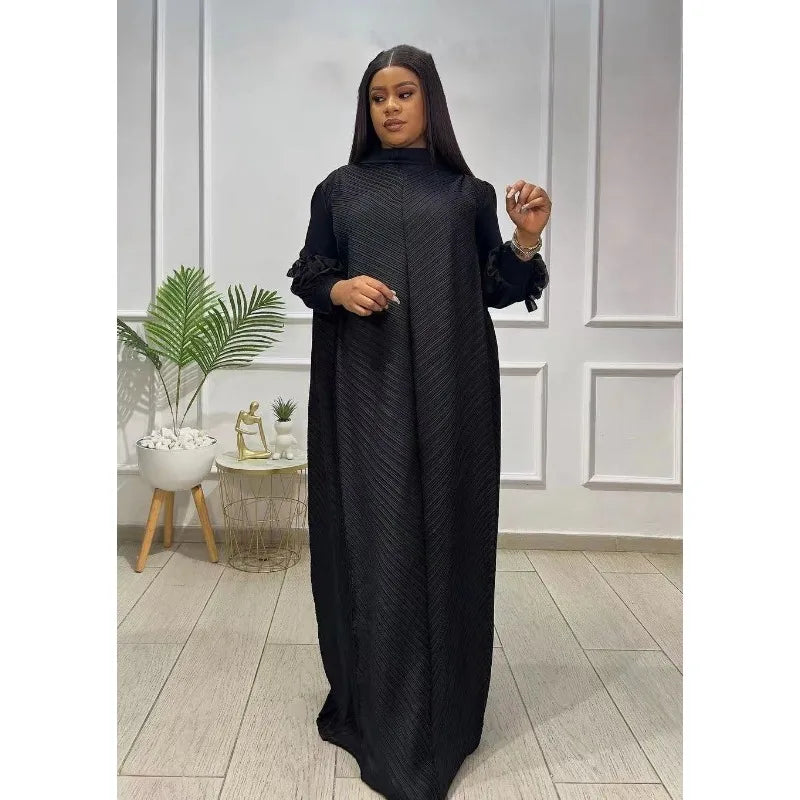 Miyake Solid Color Long Sleeved Three-dimensional Embroidered Temperament Long Loose Dress