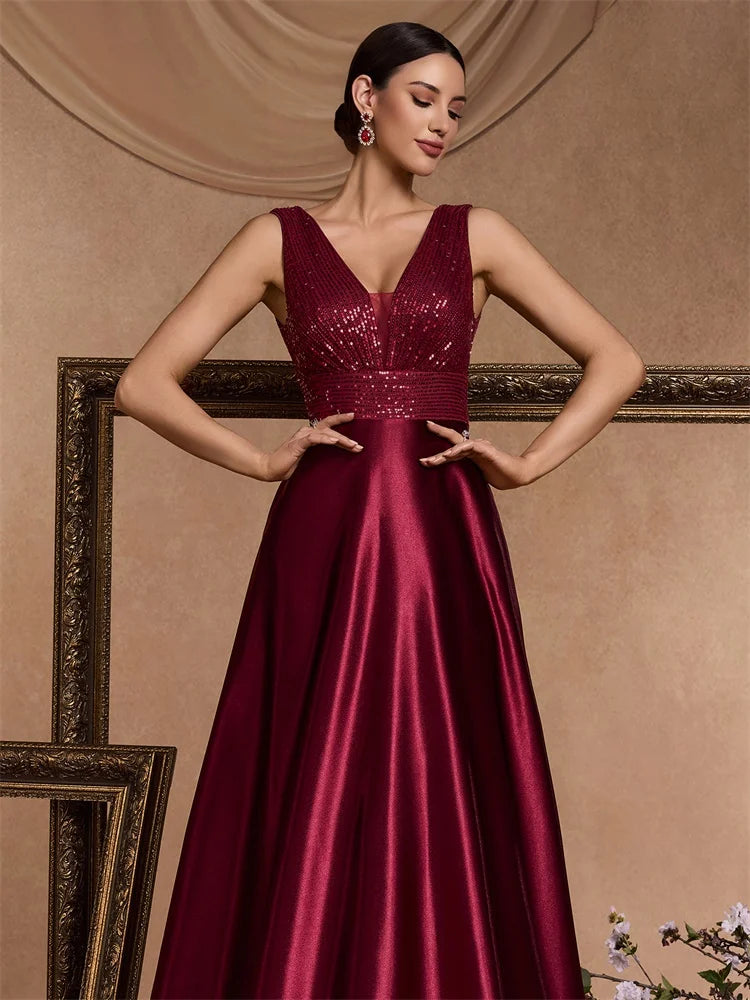 Oklahoma Elegant Sequins Evening Deep V-neck Satin Prom Party Dress