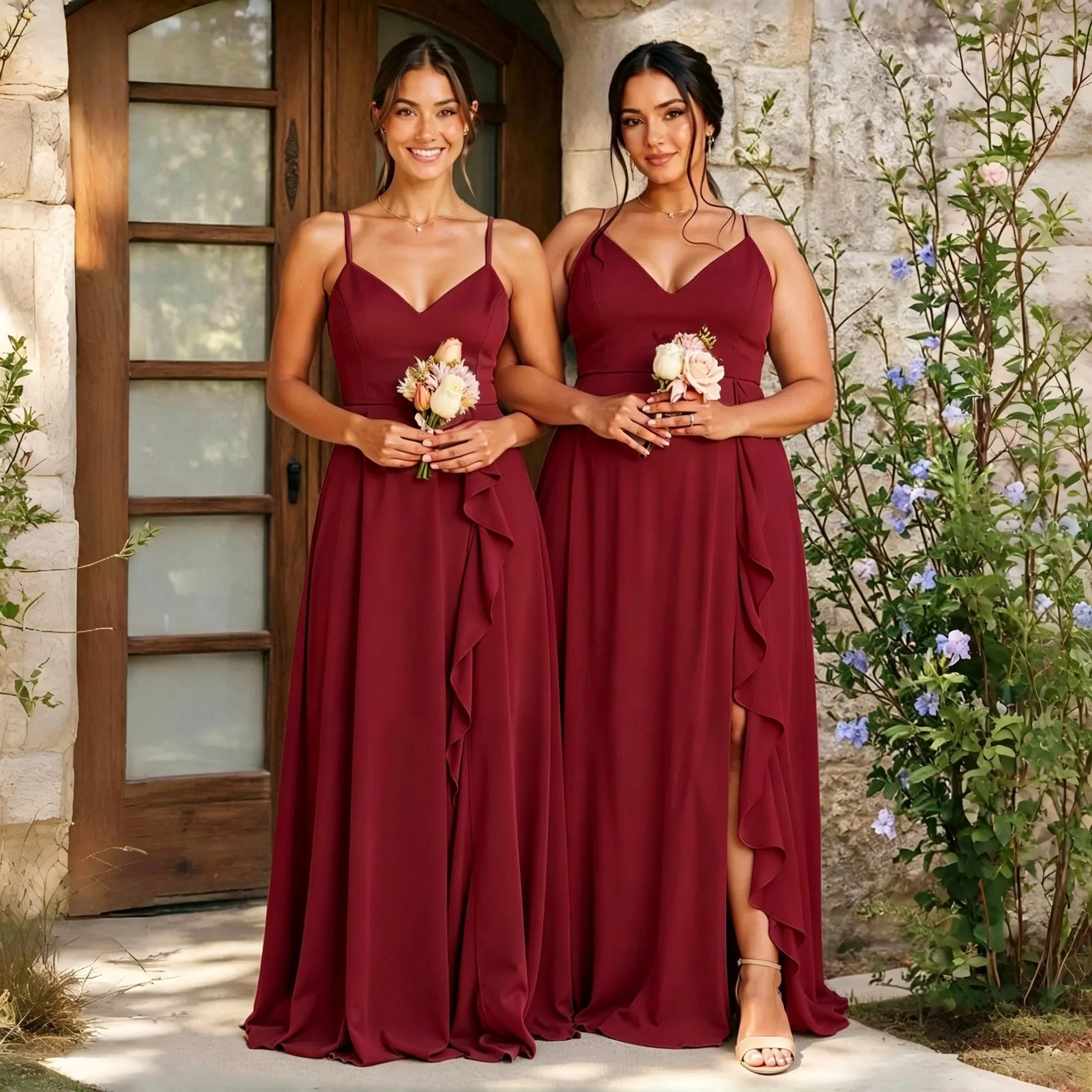 Alma Chiffon Bridesmaid Spaghetti Strap V Neck Cascading Ruffle High Side Slit A Line Dress