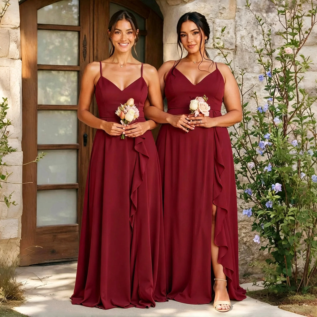 Alma Chiffon Bridesmaid Spaghetti Strap V Neck Cascading Ruffle High Side Slit A Line Dress