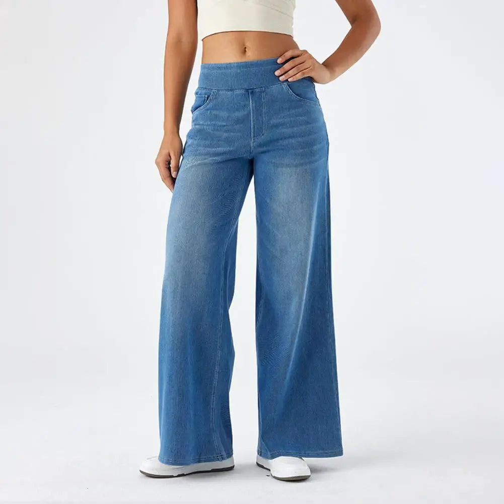 Women Jeans with Pockets Elastic Casual High Waist Wide-leg Jeans Solid Color Full