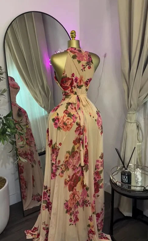 O Neck Sleeveless Floral Print Mermaid Evening Birthday Beach Sexy Maxi Dress