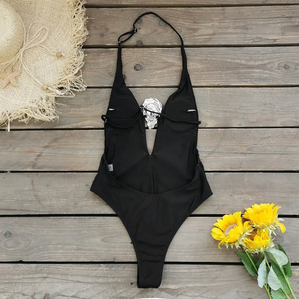 Champneuf Deep V Neck High Leg Backless Fashion Beachwear Outfits Set