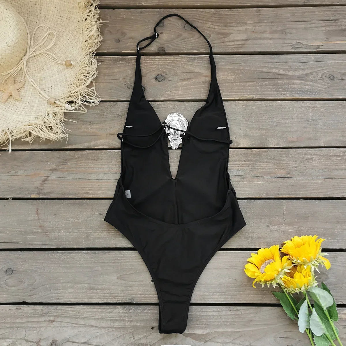 Champneuf Deep V Neck High Leg Backless Fashion Beachwear Outfits Set