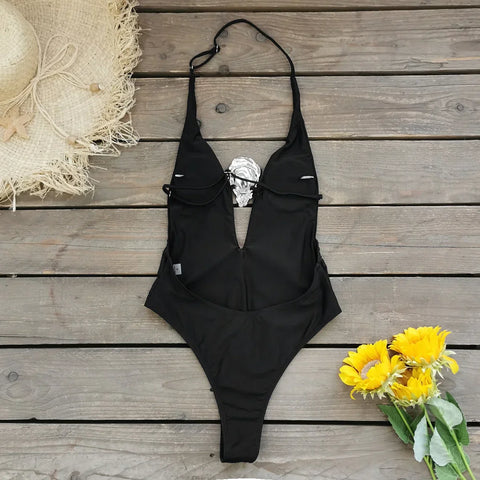 Champneuf Deep V Neck High Leg Backless Fashion Beachwear Outfits Set