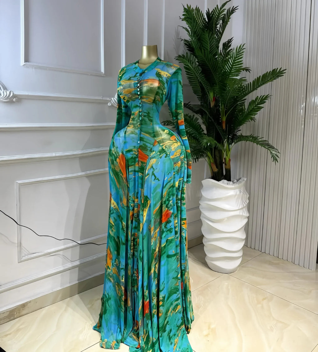 Turkunkan O Neck Long Sleeve Big Swing Tie Dye Print Long Dress