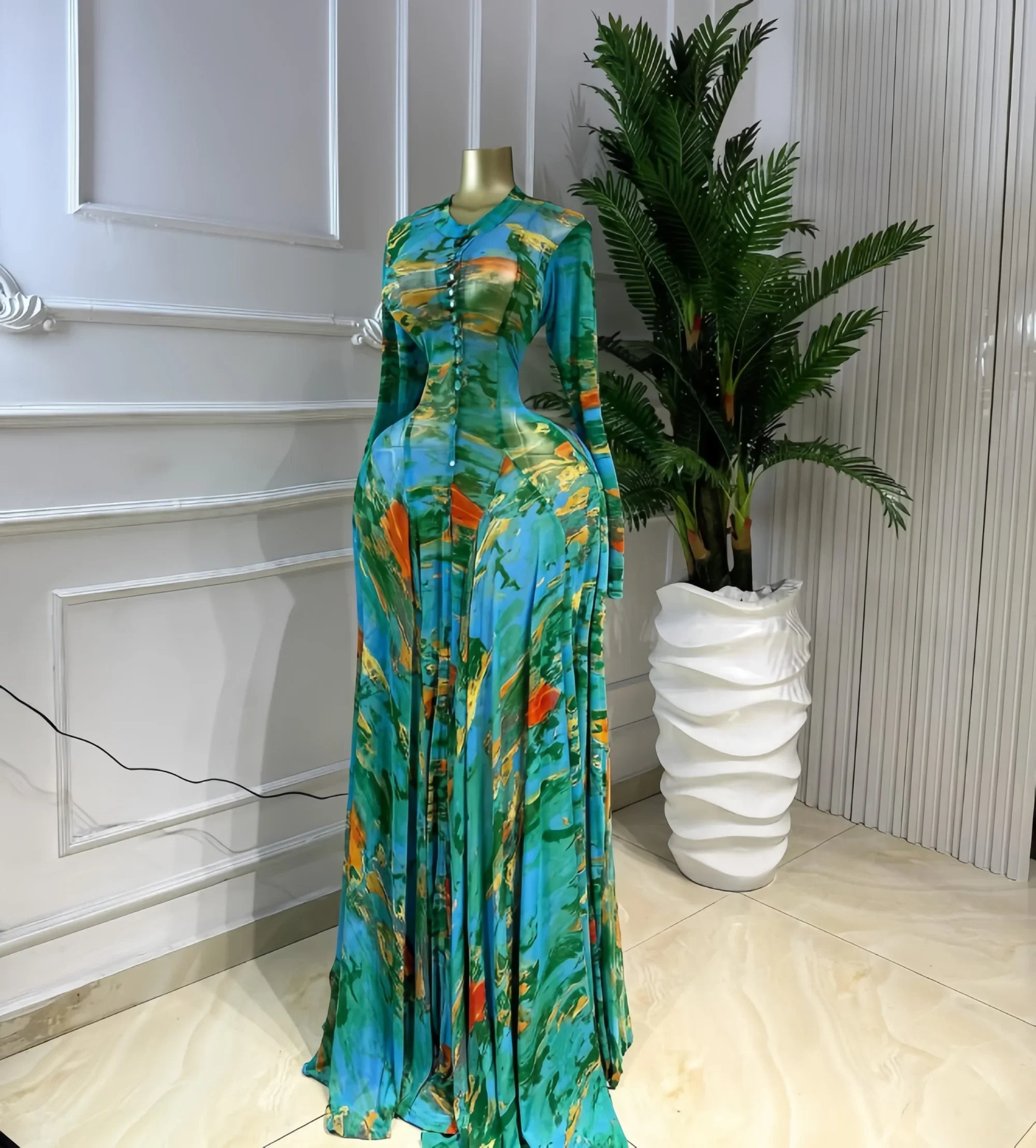 Turkunkan O Neck Long Sleeve Big Swing Tie Dye Print Long Dress