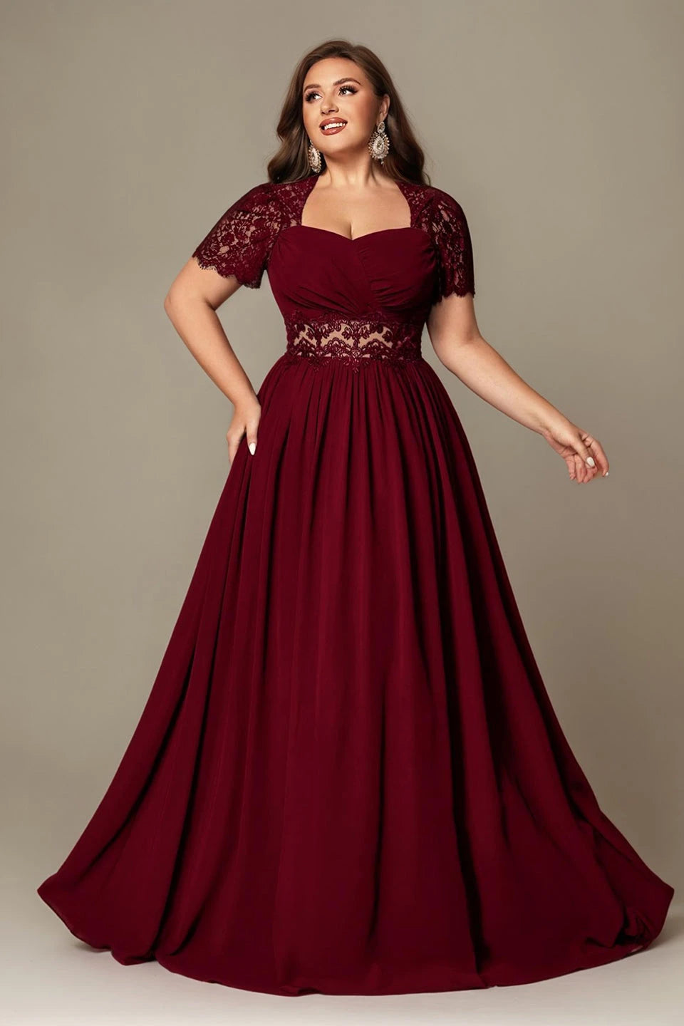Paterson Plus Size A Line Lace Short Sleeved Formal Evening Gown Sheer High-Waisted Maxi Dress