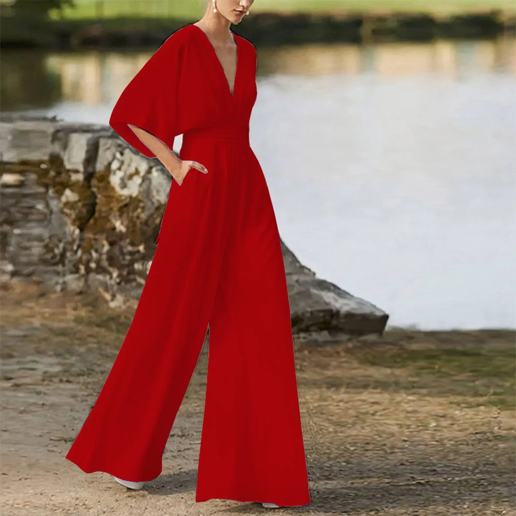 Deep V-Neck Half Solid Casual One-Piece