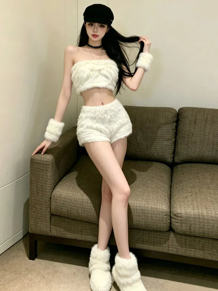 Rosaura Sexy Girl One Shoulder Furry Two Piece Sets