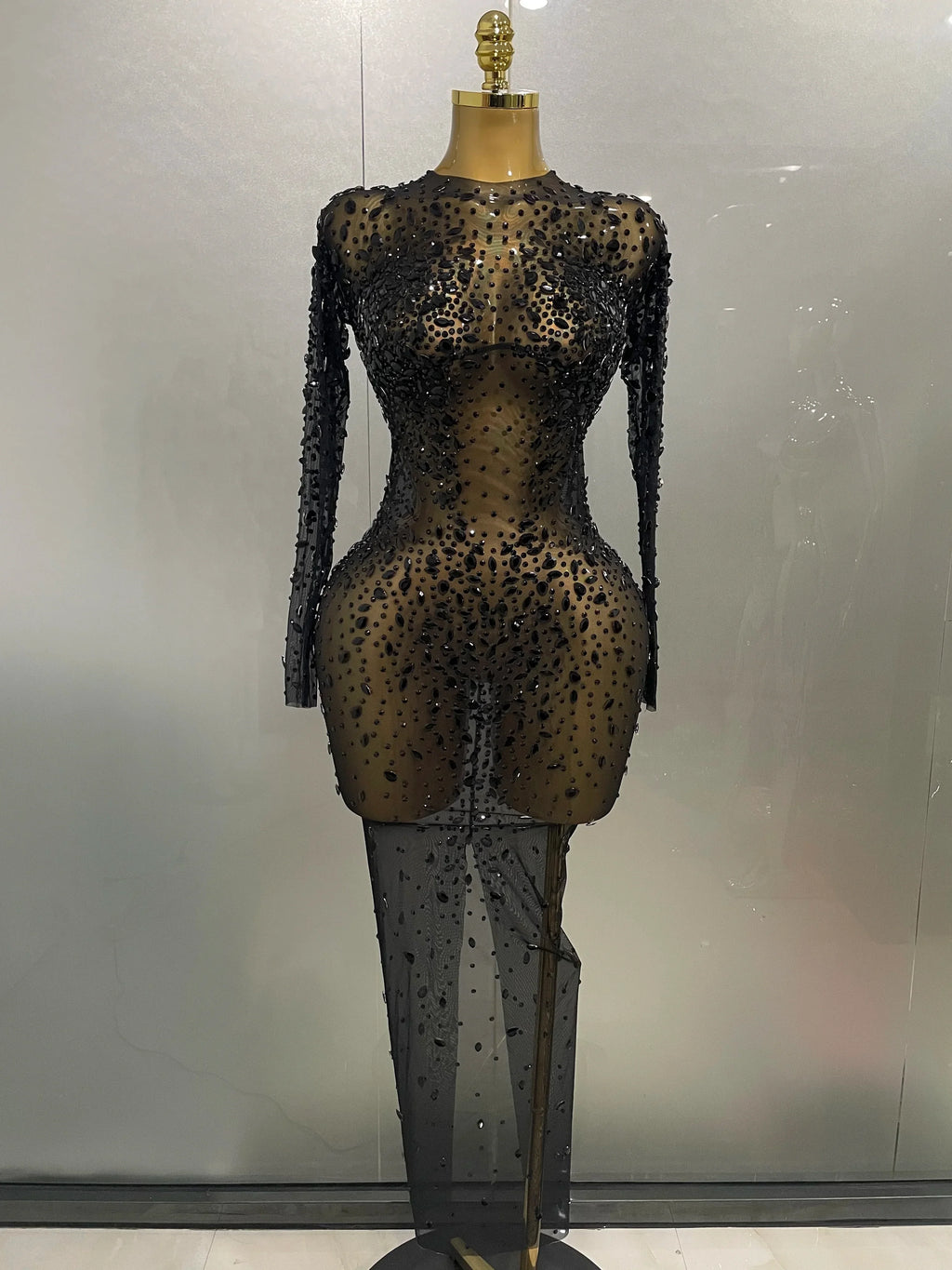 Cumberland Shinny Rhinestone Stretch Mesh Transparent Long Dress