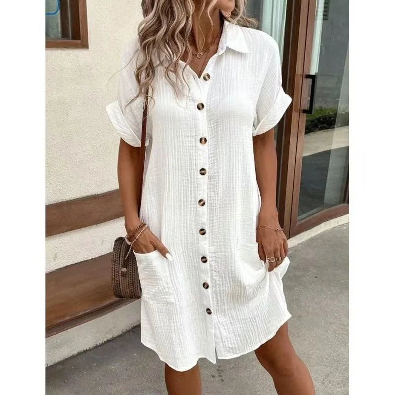 John Beach Solid Fashion V-neck Three Quater Sleeve Cotton Linen Dress