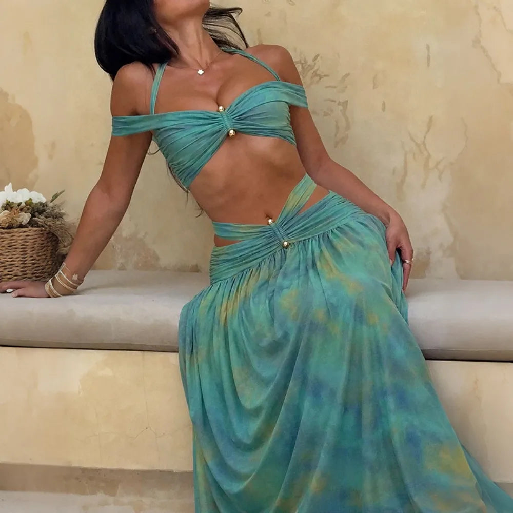 Katia Halter Bandage Hollow Out Ruched Two Piece Sets