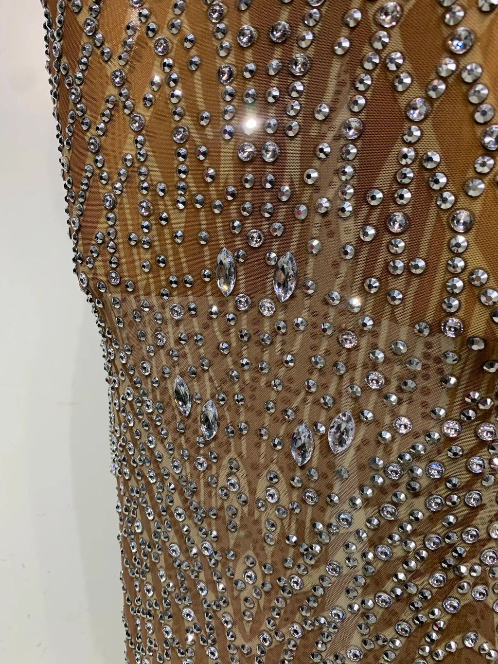Bedford Luxury Sparkly Rhinestones Tassel Transparent Mesh Stretch Long Dress