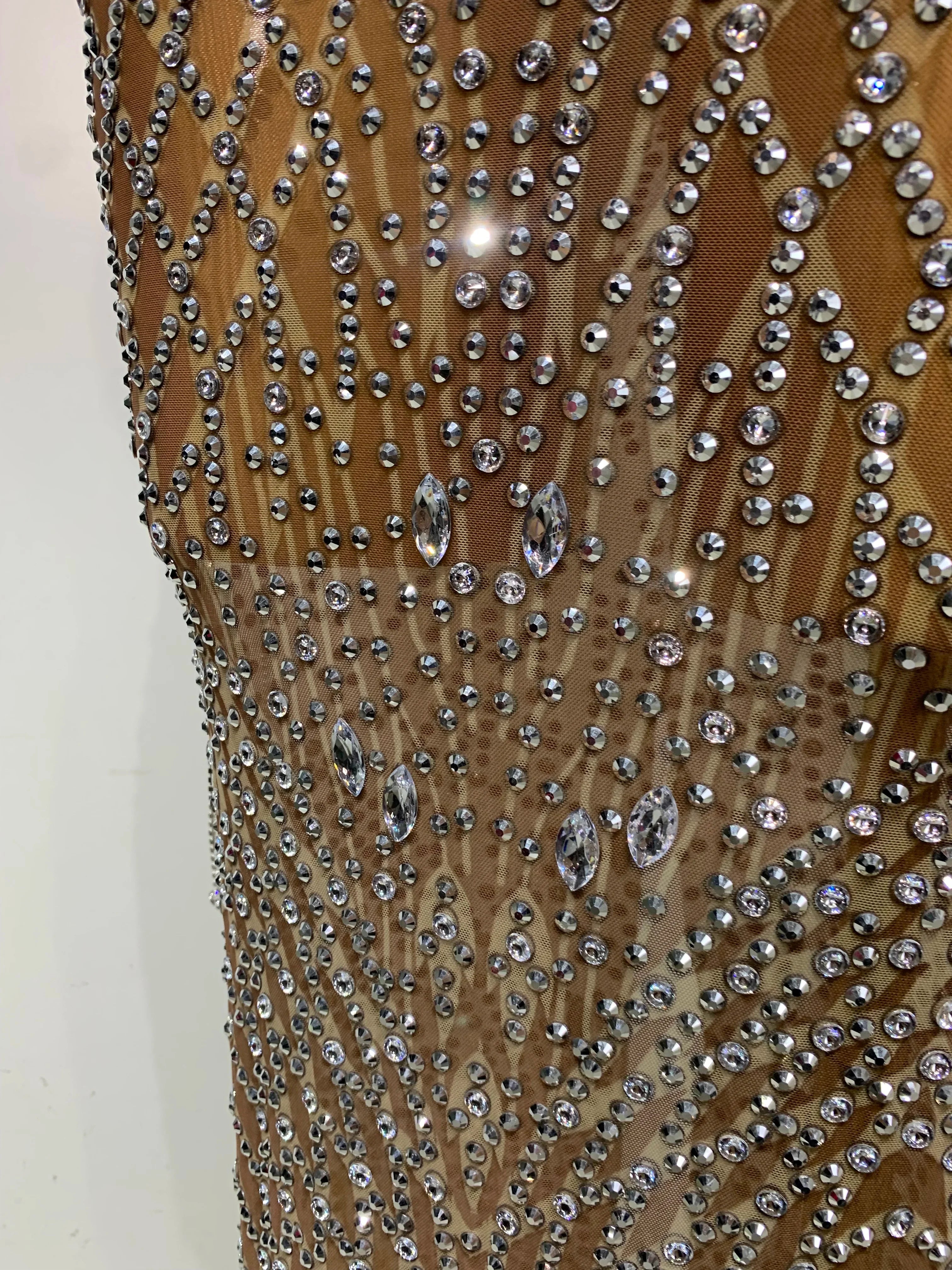 Bedford Luxury Sparkly Rhinestones Tassel Transparent Mesh Stretch Long Dress