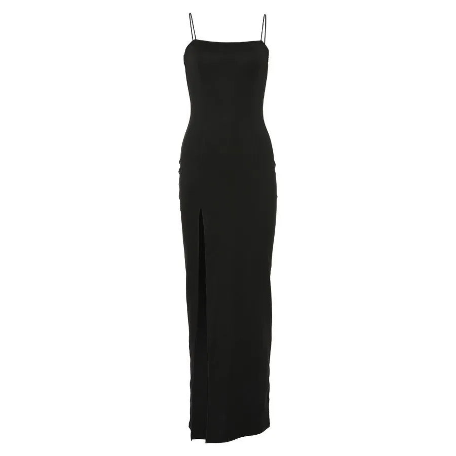 Sexy Bodycon Dress Lady Sexy Spaghetti Strap Sleeve Split Solid Color Sheath Dress