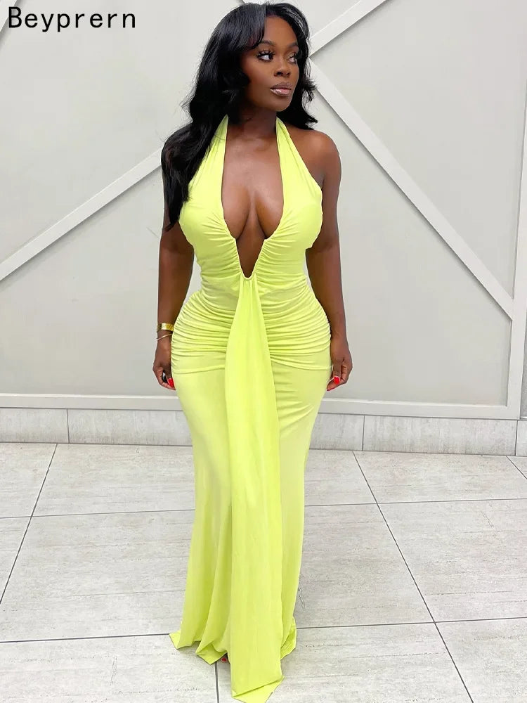 Coney Island Halter Plunging V Neck Ruched Long Straps Maxi Dress