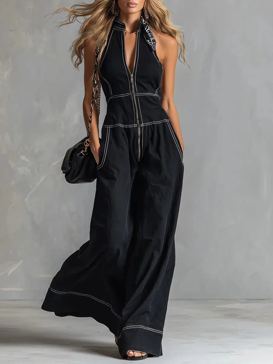 2026 New Summer Women's Jumpsuit Solid Color With Zipper Casual Loose Fashion Comfortable Unique Retro Niche Commuting Jumpsuit