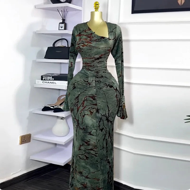 Vermella Printed Skew Neck Flare Long Sleeve Ruched Long Dress