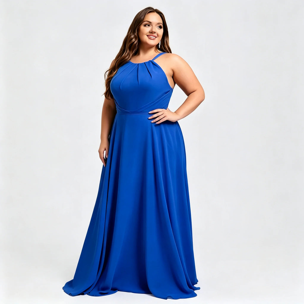 Los Mina Plus Size Halter Chiffon Bridesmaid Spaghetti Straps A Line Maxi Dress