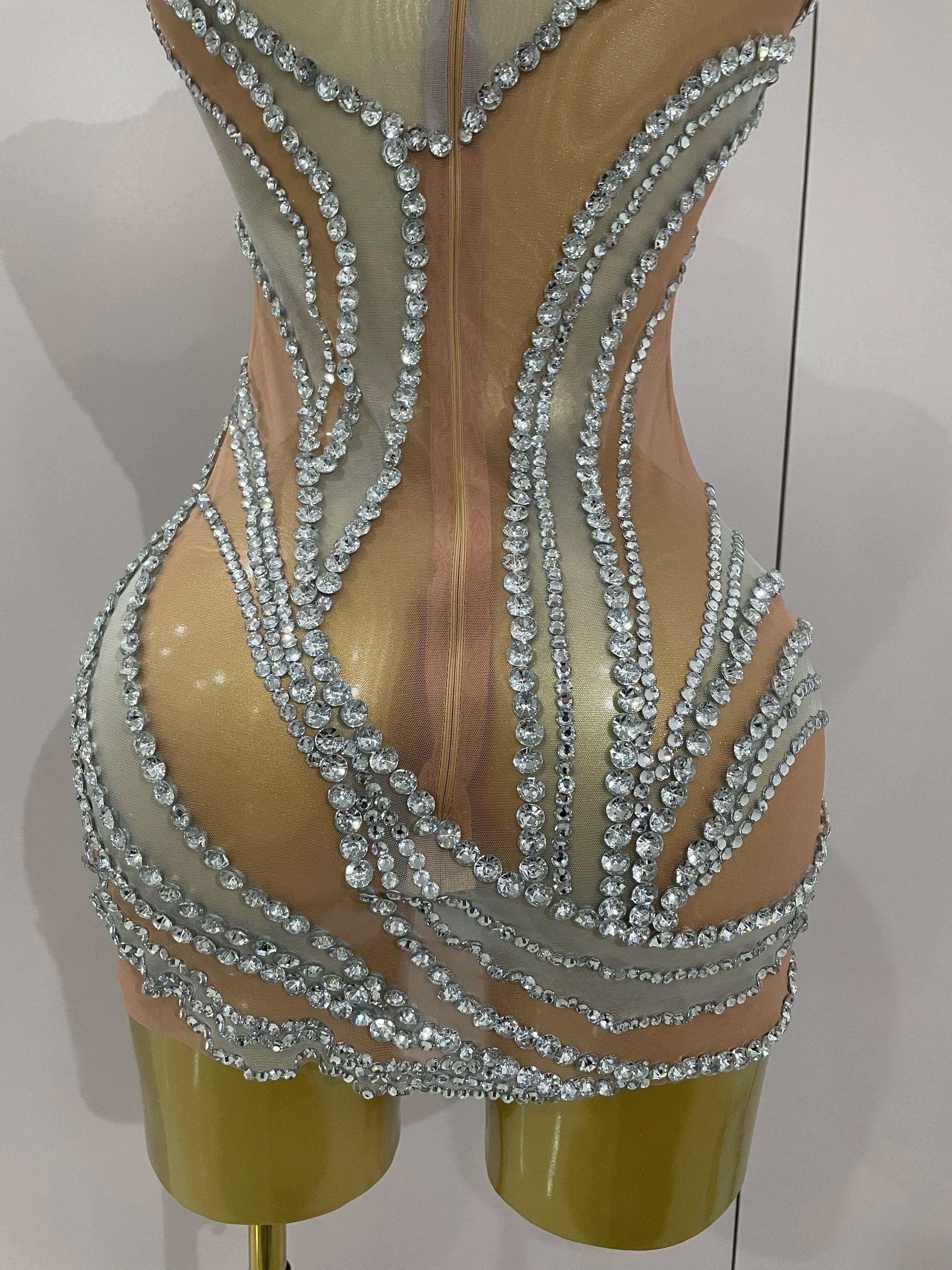 Morgantown Sparkly Crystals See Through Elegant Stage Mini Dress