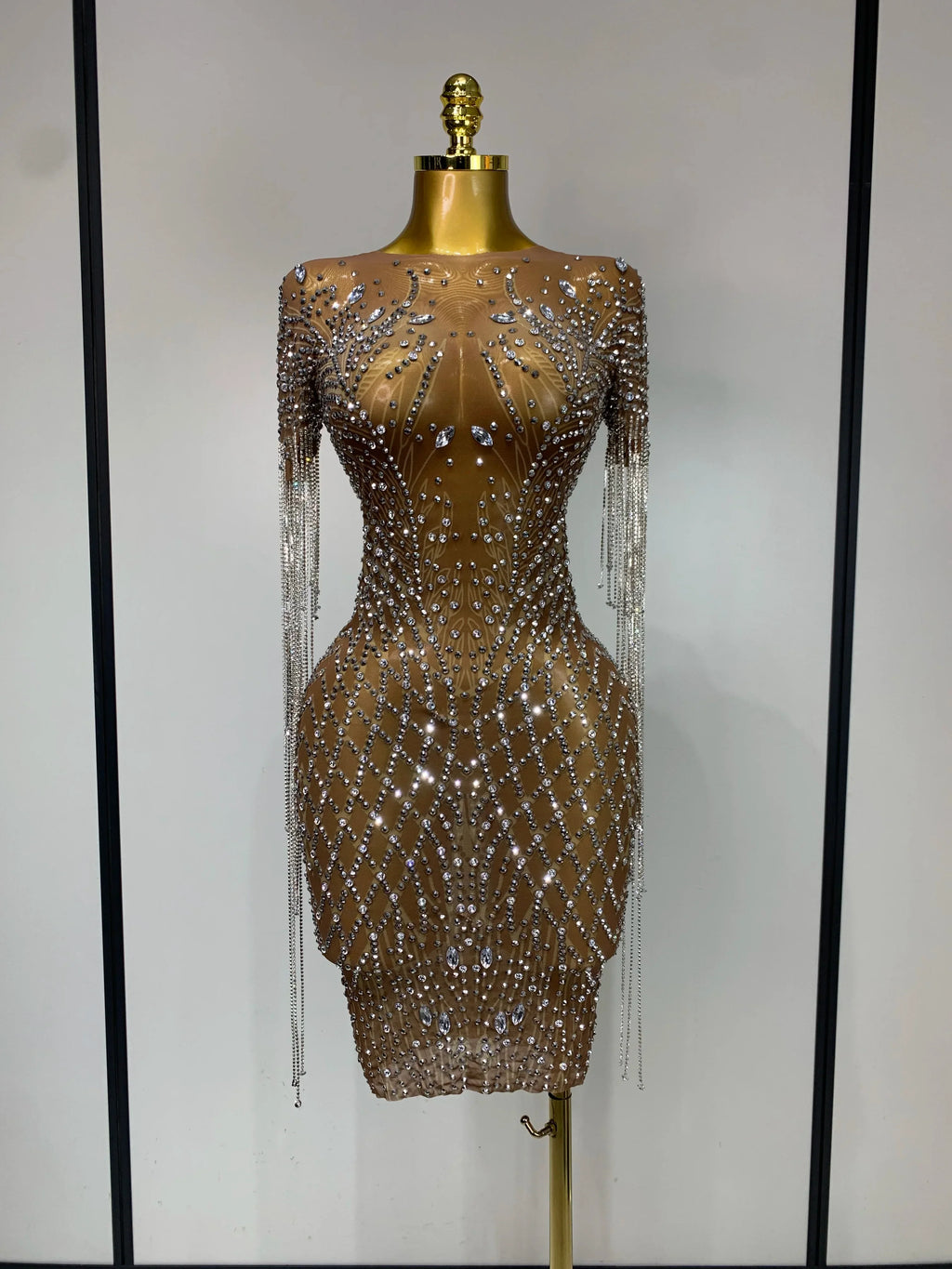 Bedford Luxury Sparkly Rhinestones Tassel Transparent Mesh Stretch Long Dress