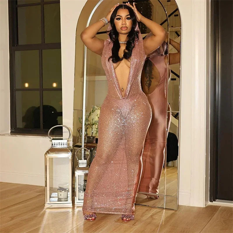 Virginia Deep V-neck Hooded Party Nightclub Prom Mesh Long Maxi Dresses