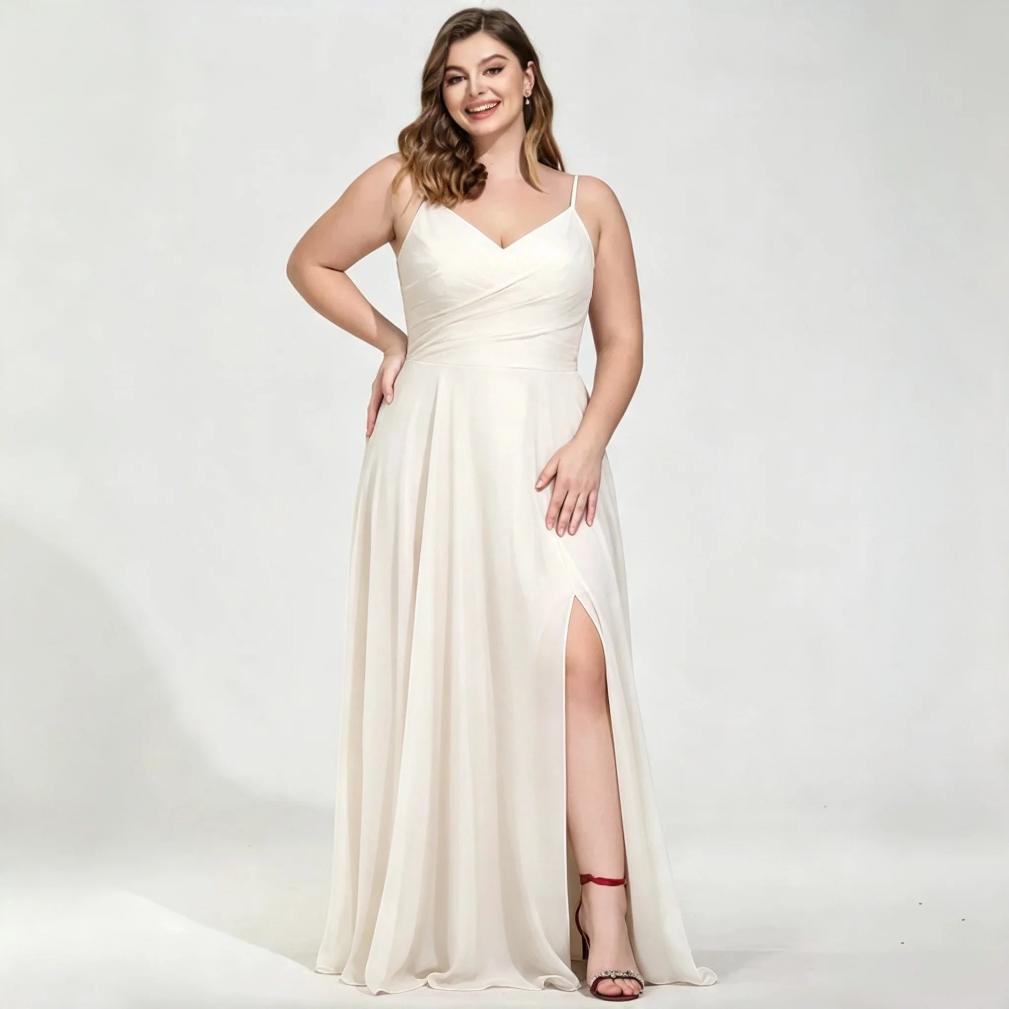New York Plus Size Burgundy Chiffon Bridesmaid Spaghetti Strap Surplice V Neck Ruched Dress
