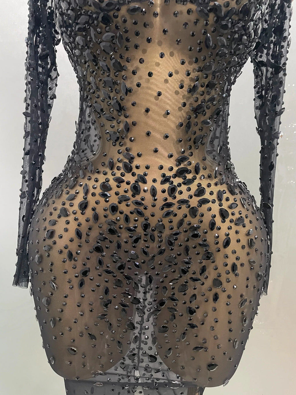 Cumberland Shinny Rhinestone Stretch Mesh Transparent Long Dress