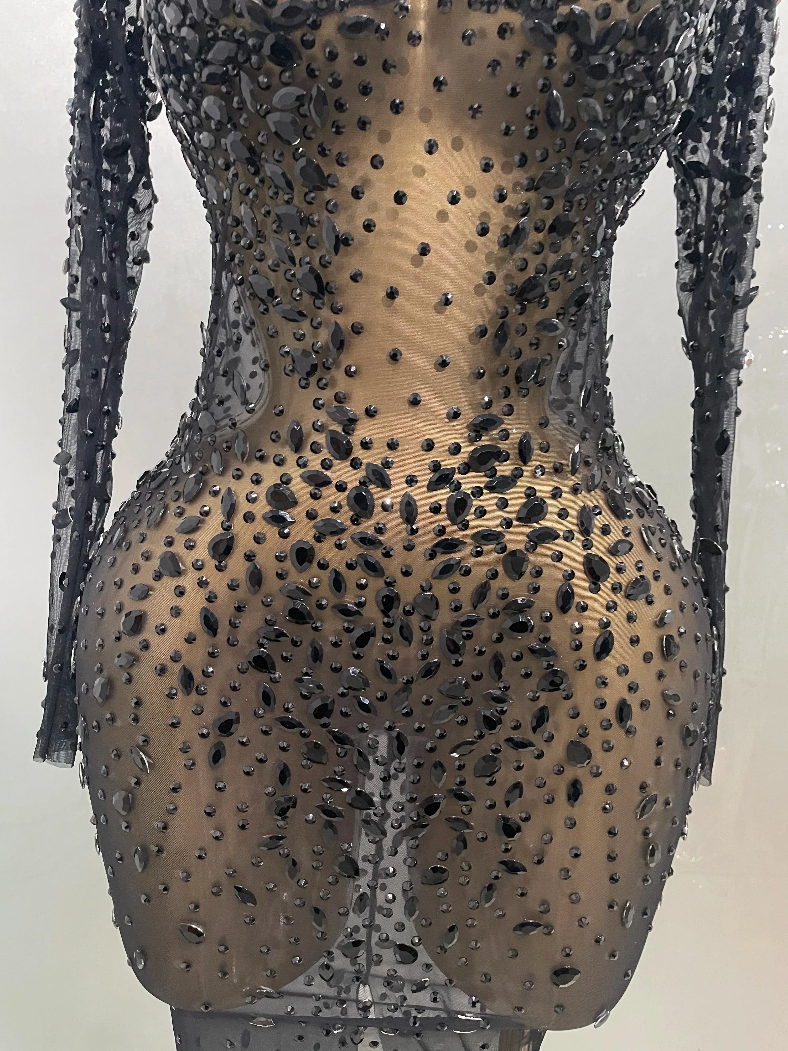 Cumberland Shinny Rhinestone Stretch Mesh Transparent Long Dress