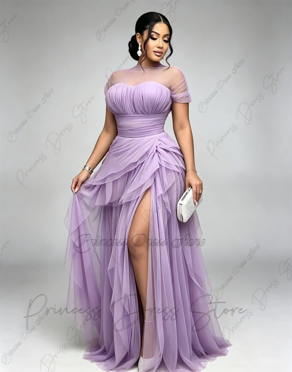 Bani Elegant Pleats Tulle Split Long Evening Gowns Birthday Party Dress