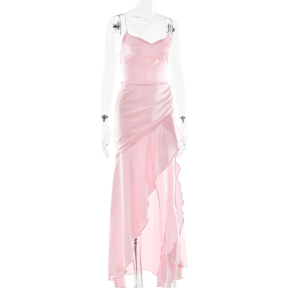 Stony Point Satin Long Dr with High Slit And Lace Trim Charming Dress