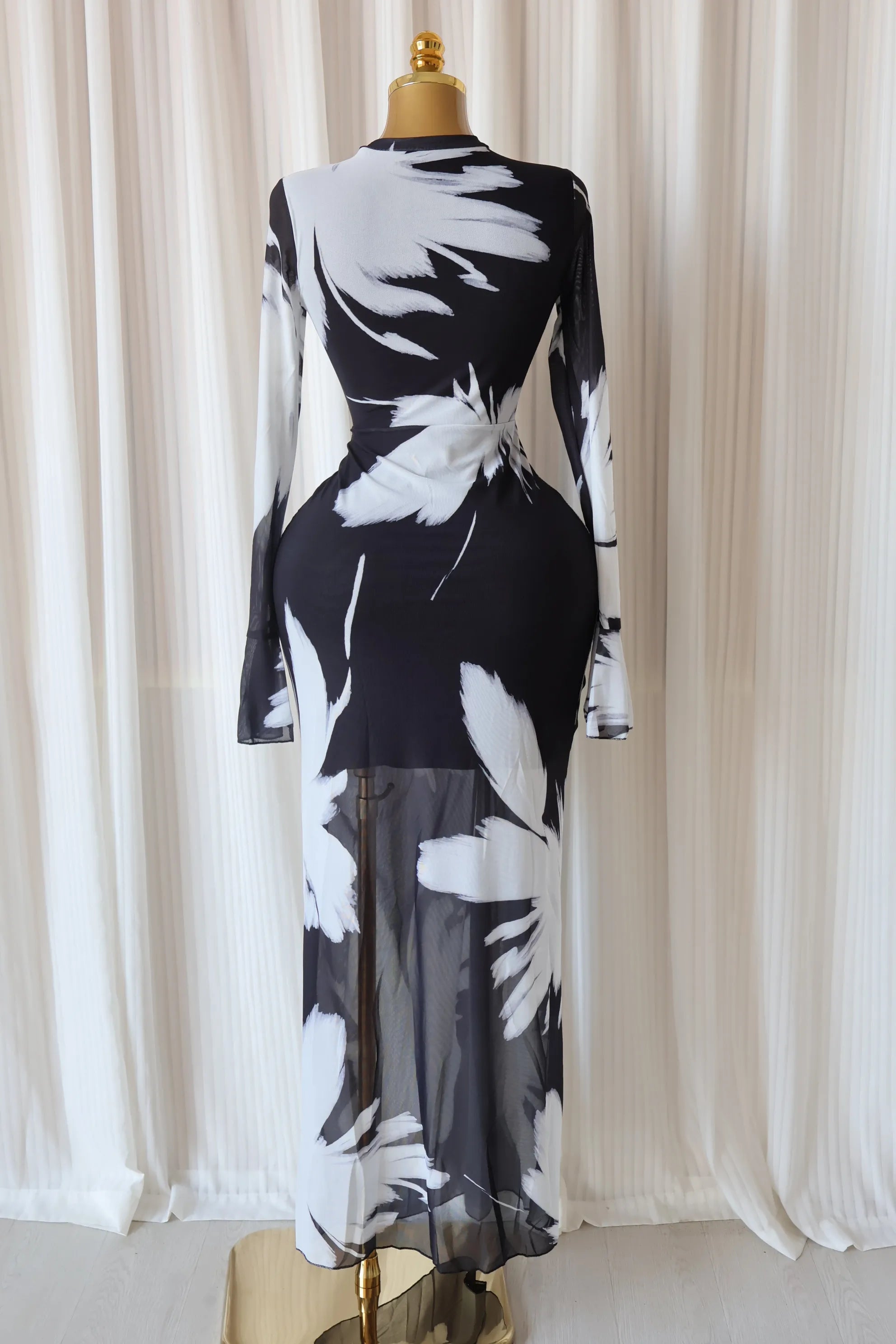 Hackensack Tie Dye Print O-neck Ruched Bodycon Long Maxi Dress