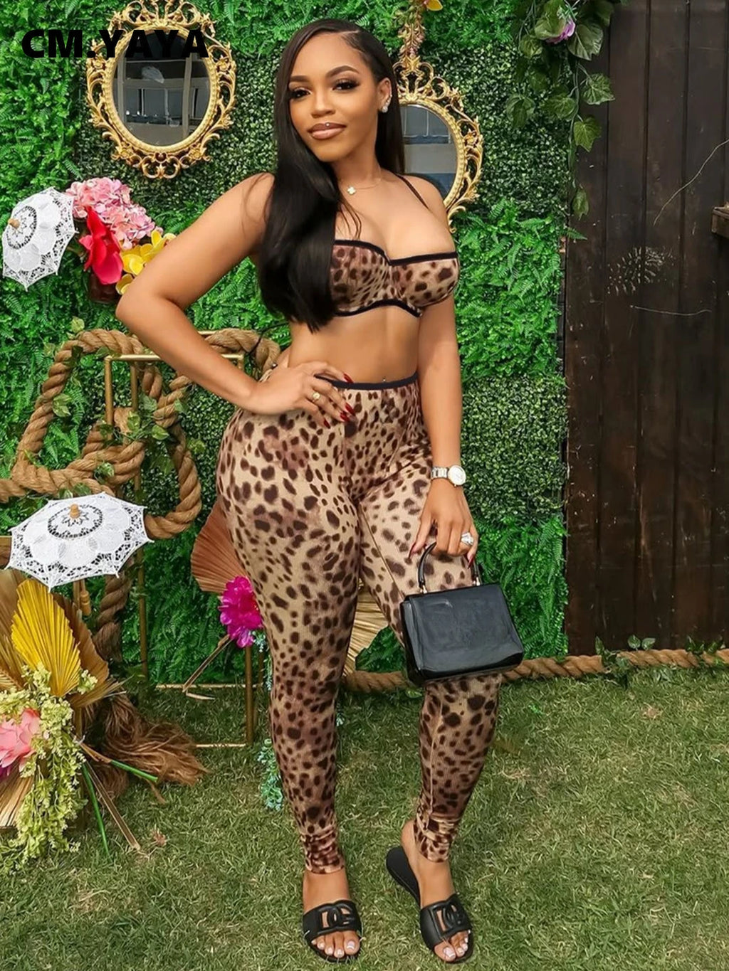 Maniwaki Leopard Printed Strap Sleeve Crop Set Outfit Tracksuit