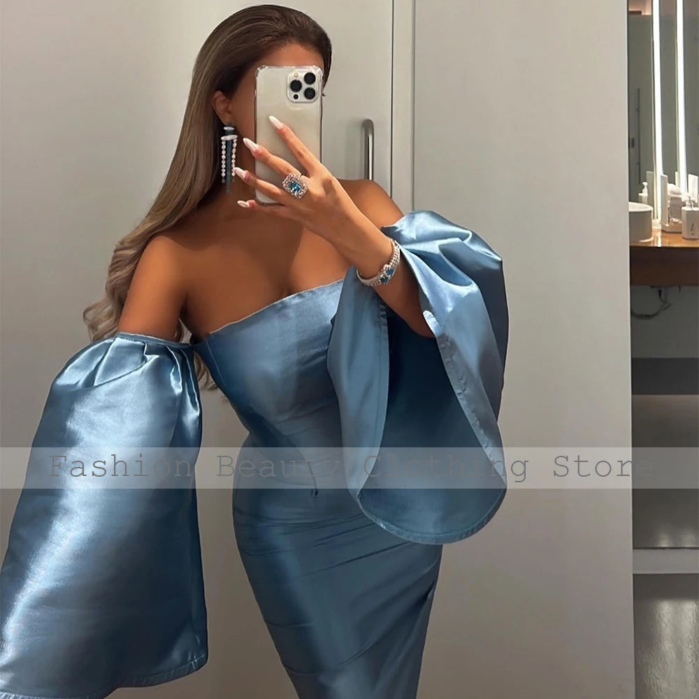 Elmwood Park Sky Blue Satin Evening Party Off the Shoulder Column Cocktail Gowns Dresses Maxi