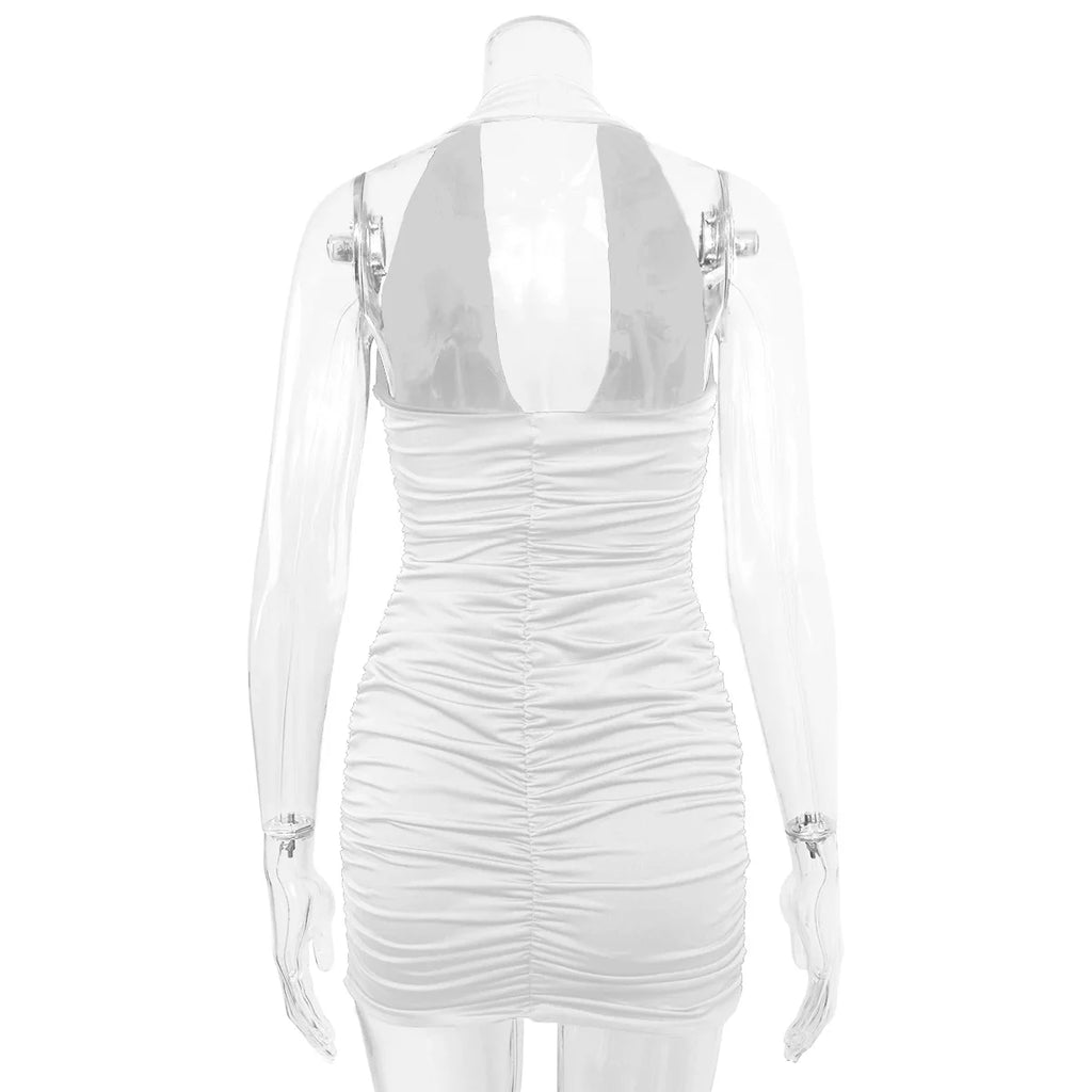 Colonia Deep V Evening Party Sleeveless Backlss Short White Halter Dresses
