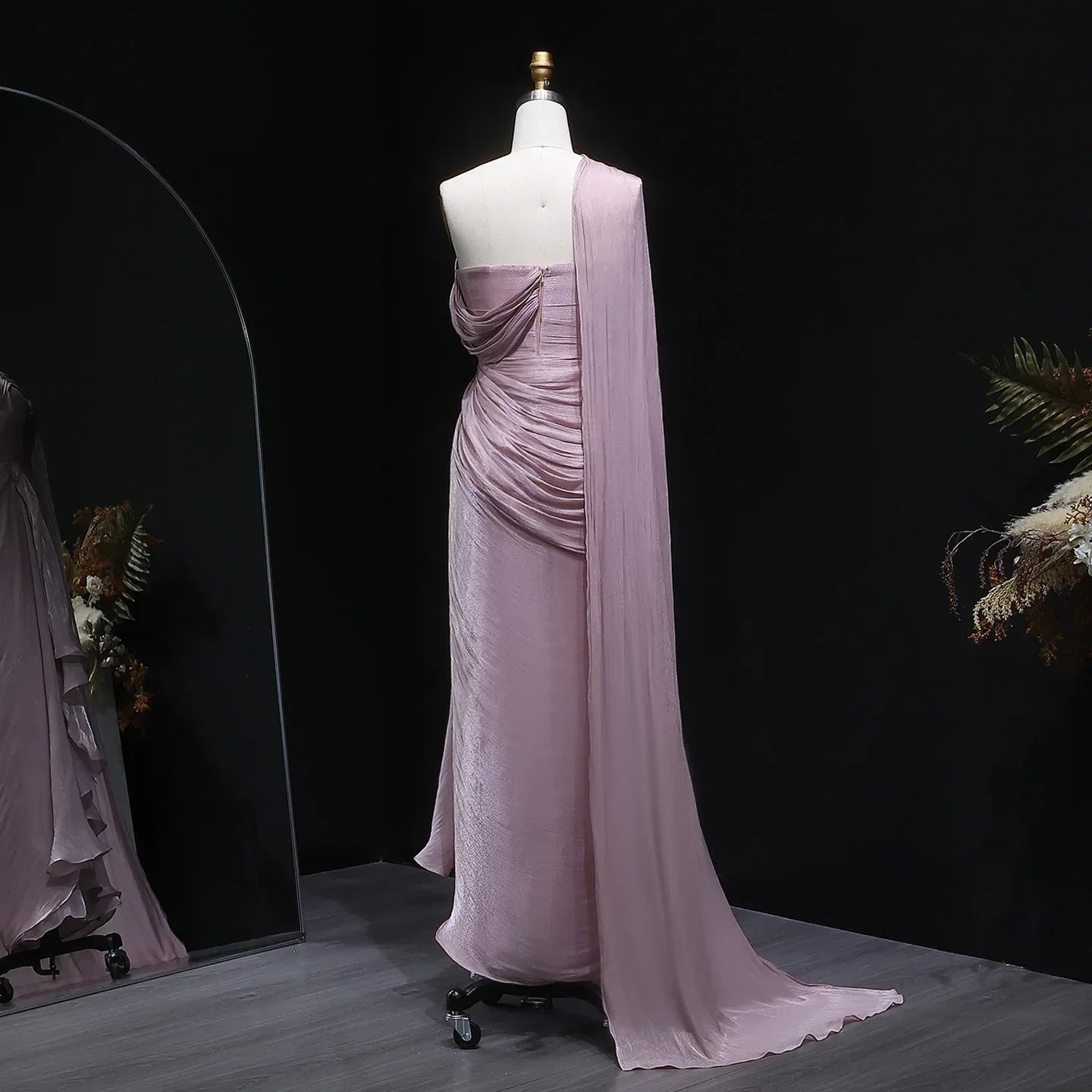 Mountainside Elegant One Shoulder Evening with Draped Cape Arabic Dress