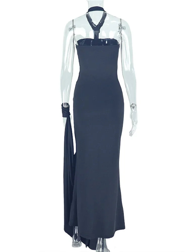 Connecticut Elegant Halter Backless Skinny Hand Strap Hem Maxi Dress
