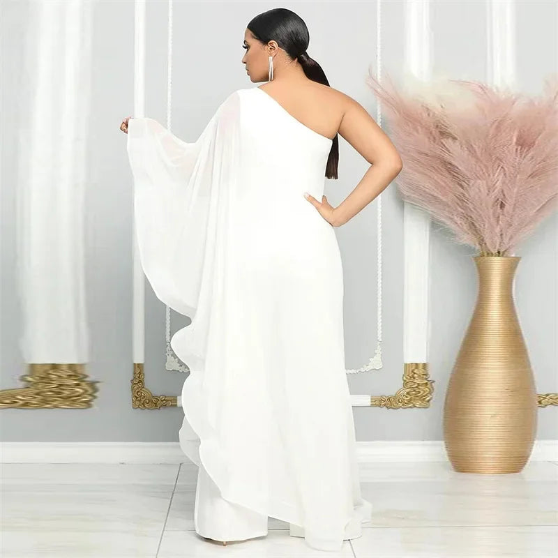 Oldwick Elegant Chiffon One Shoulder Wide Leg Jumpsuit