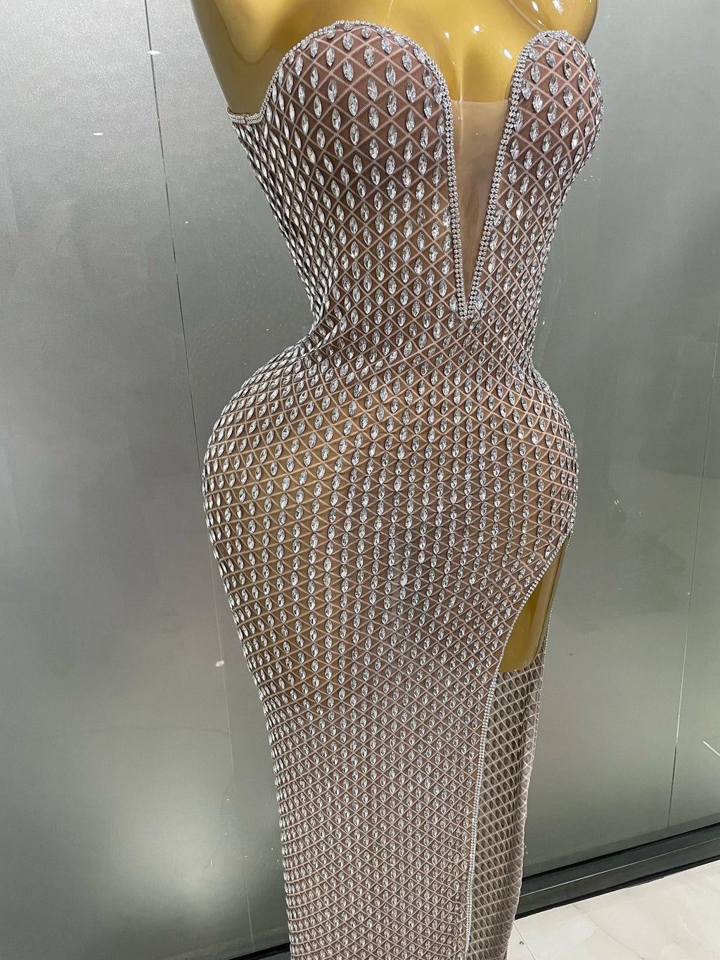 Frederick Full Rhinestones Mesh Transparent Long Elegant Dress