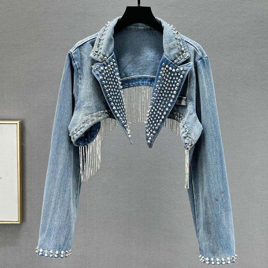 Stroadsburg Beaded Tassels Rivets Crystal Fringed Backless Cowboy Jacket