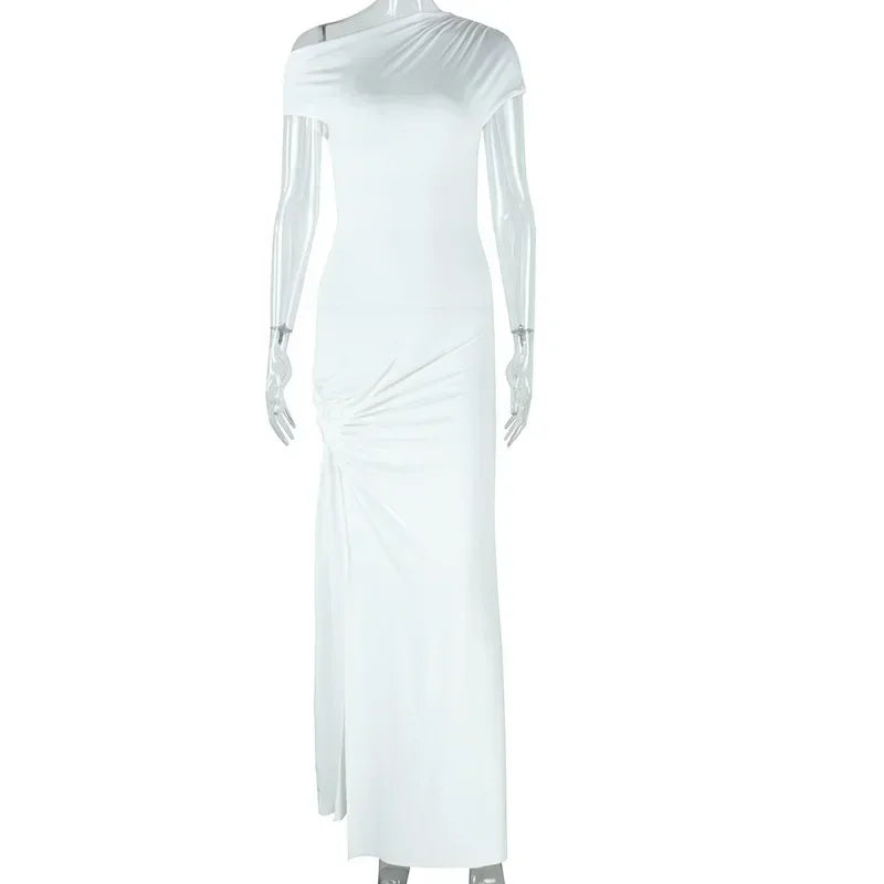 Milan Skew Collar Ruched Sexy Street Slim Evening Night Club Long Maxi Dress