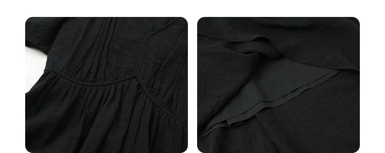 French Style Vintage V Neck Puff Sleeve Solid Black Loose Long Dress