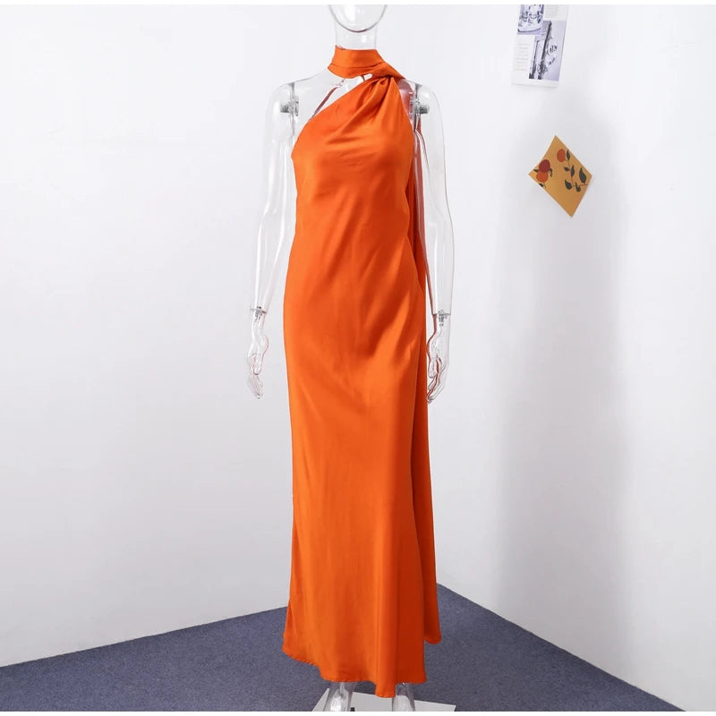 Califon Sexy Satin Ribbon Party Elegant Halter Backless Off Shoulder Sleeveless Maxi Dress