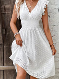 Elegant V Neck Ruffle Sleeve Plus Size Hollow Out Dress