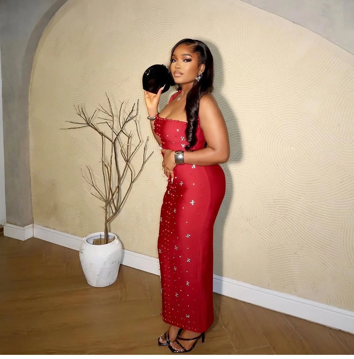 Los Angeles Elegant African Party Evening Sleeveless Polyester Rhinestone Maxi Dress