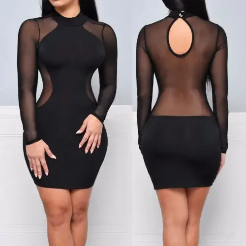 London Casual Long Sleeve O Neck Backless Sexy Lace See Though Mini Dress